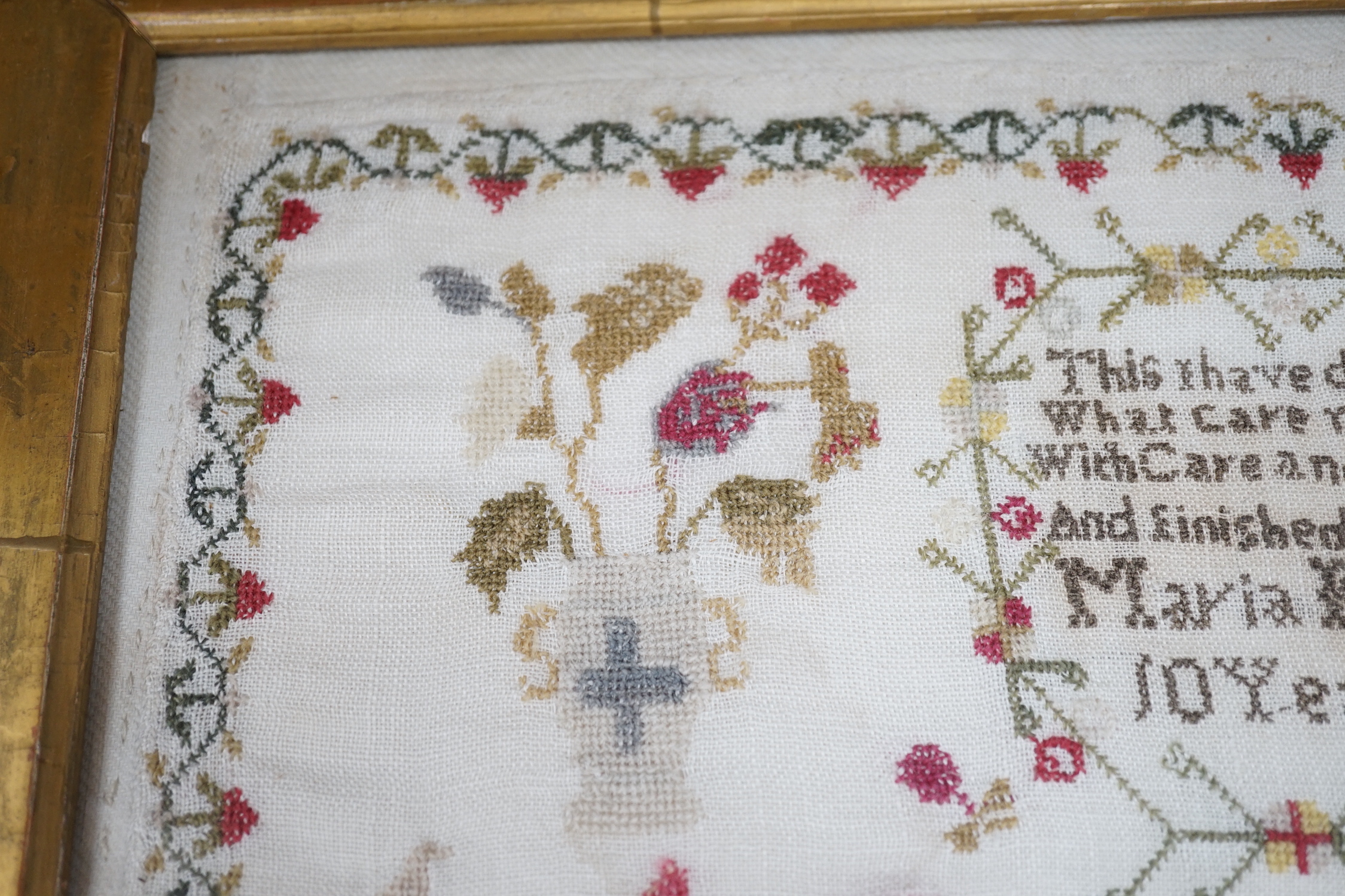 A framed 19th century sampler, 44cm sq excl frame